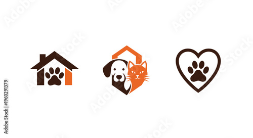 Pet Care Icons: Dog, Cat, House, Heart Paw Print Logo Set