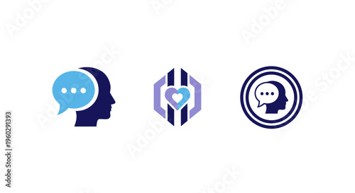 Communication Icons: Speech Bubble, Abstract Heart, Head Silhouette