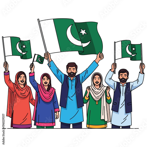 Pakistani people waving flags, diverse group celebrating independence day or national event