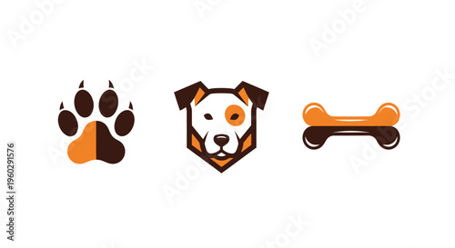 Dog Paw Print, Abstract Dog Face Logo, and Bone Icon Set
