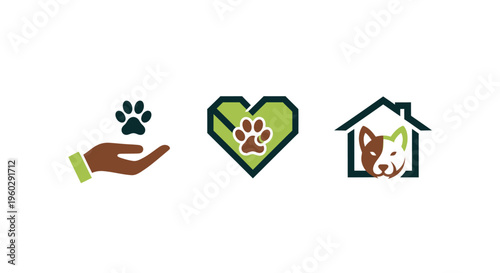 Pet Care Icons: Hand, Heart, Home with Paw Prints and Dog Face
