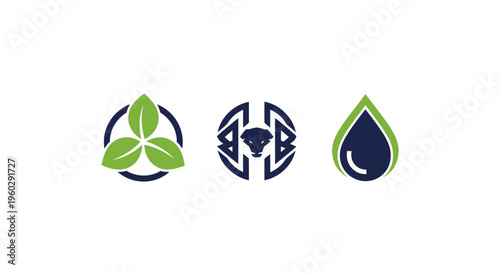 Three abstract icons: leaves, geometric snake, water drop on white background