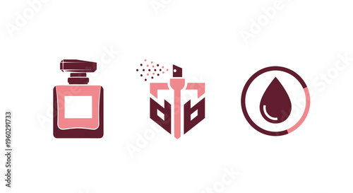 Perfume bottle icons: classic, modern spray, and drop symbol on white background