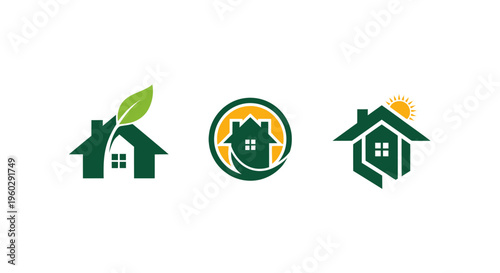Eco Green House Logo Set - Sustainable Home and Environment Concept