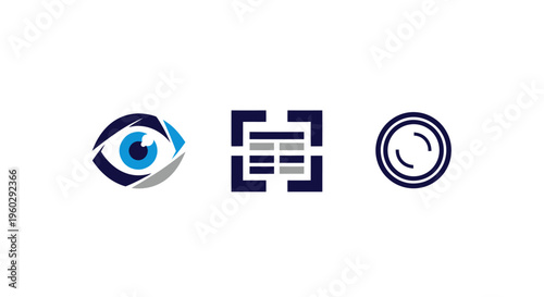Eye scan, document scan, and camera lens icons on white background