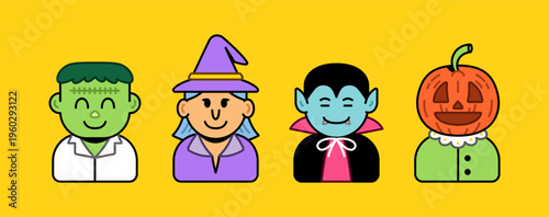 Colorful halloween character set featuring frankenstein witch vampire and pumpkin faces. Fun cartoon style perfect for festive decorations vector illustration icon or sticker design