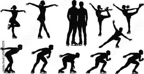 ice skating, figure skating, skater, performance, sport, athlete, dance, motion, balance, training, action, silhouette, winter, fitness, elegance, technique, glide, speed, exercise, vector