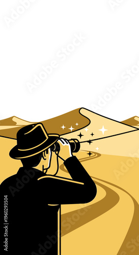 Intrepid Explorer Discovers Hidden Oasis Through Binoculars in Golden Desert