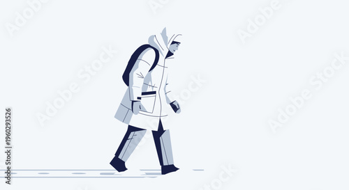 Isolated Figure Navigating a Cold Environment with Backpack