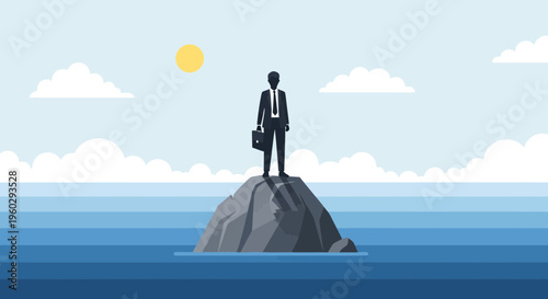 Isolated Businessman Standing On A Rock In The Ocean Looking Out At The Horizon