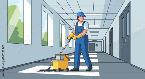 Janitor Moping A Hallway With A Bucket And Mop Cart
