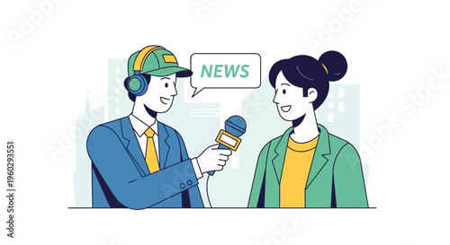 Journalist Conducting Interview In Urban Setting With "News" Speech Bubble