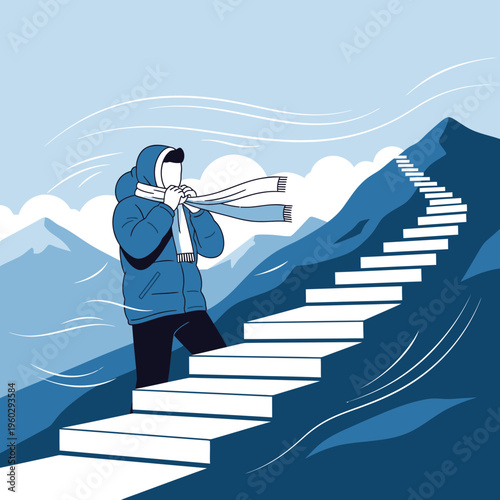 Journey Upward Ascending Snowy Mountain Path Towards Clear Sky