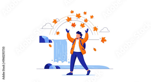 Joyful Autumn Wanderer Embraces Falling Leaves Near Serene Waterfall