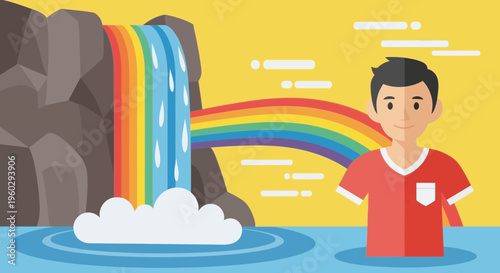 Joyful Boy Witnessing A Vibrant Rainbow Waterfall Adventure