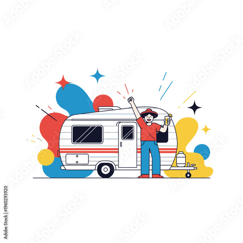Joyful Camper Celebrating Adventure Beside Retro Travel Trailer