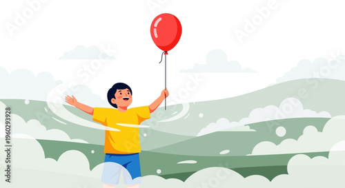 Joyful Boy Holding A Red Balloon Ascending Towards The Sky And Clouds
