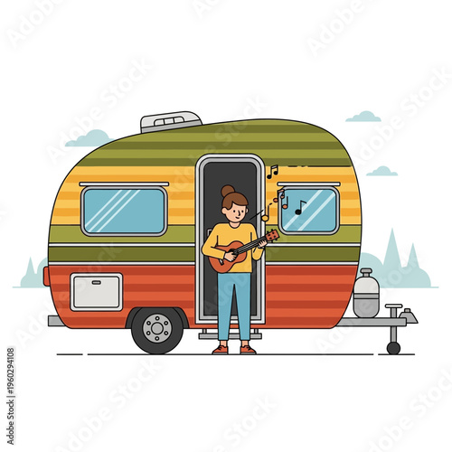 Joyful Camper Serenades Outdoors From Vintage Trailer Home