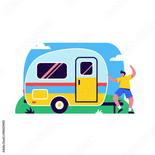Joyful Camper Van Adventure Lifestyle Scene Illustration