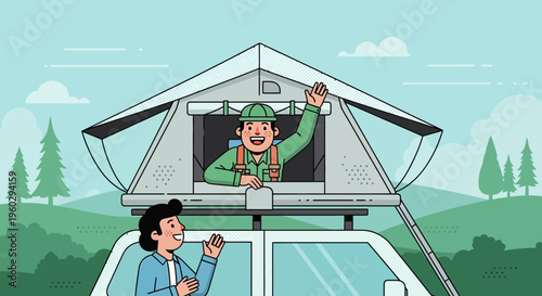 Joyful Campers Enjoying Rooftop Tent Adventure Outdoors