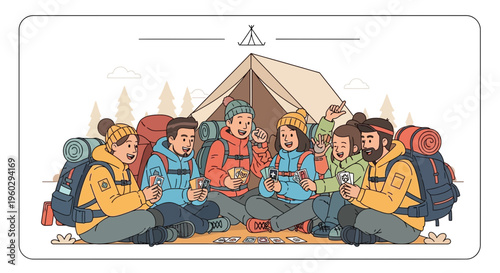 Joyful Campers Playing Cards Sharing Laughter Outdoor Recreation