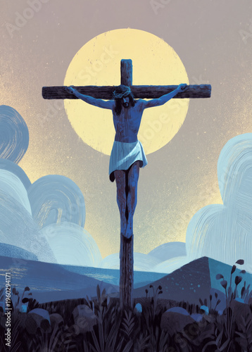 Divine grace concept. Jesus Christ on the cross with glowing sun halo in a serene blue landscape. Premium religious illustration for Easter Sunday and worship designs.