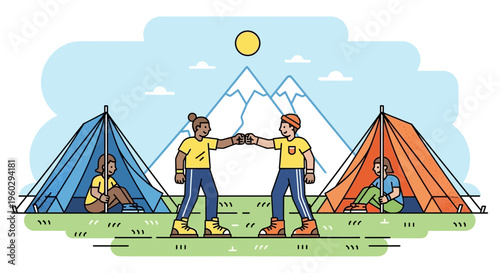 Joyful Campers Sharing A Fist Bump In A Scenic Mountainous Landscape