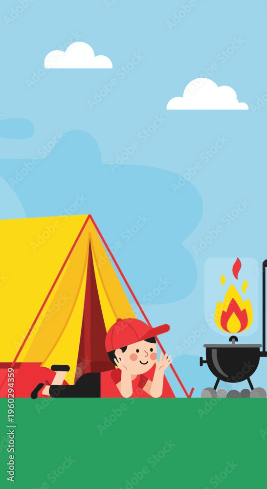 Fototapeta premium Joyful Child Camping Adventures Outdoors Beside Fiery Campfire and Cozy Tent