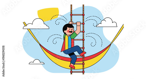 Joyful Child Ascends Ladder Within Hammock Towards Sunlit Sky