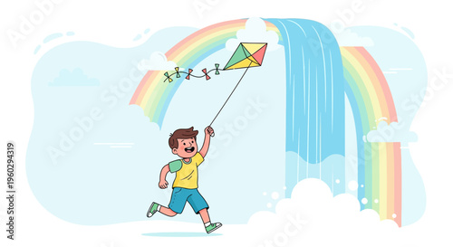 Joyful Child Ascends Kite Amidst Fantastical Waterfall Rainbow Vista
