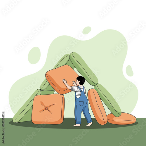 Joyful Child Building Cozy Pillow Fort Adventure Indoors