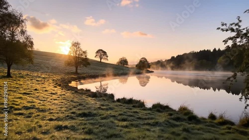 A tranquil sunrise over a misty lakeside meadow with scattered trees