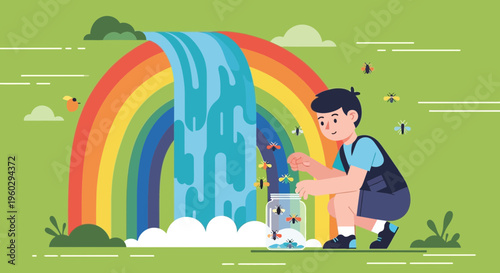 Joyful Child Capturing Fireflies Near A Mystical Rainbow Waterfall
