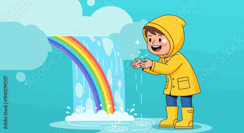 Joyful Child Discovering a Magical Rainbow Waterfall Adventure