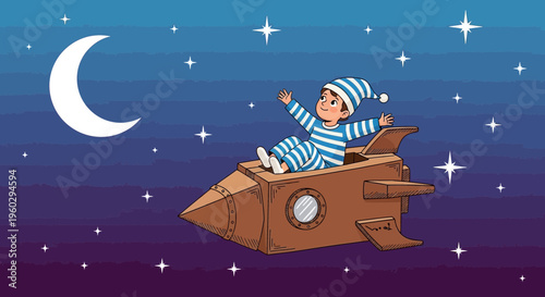Joyful Child Embarks On Imaginative Space Adventure At Night