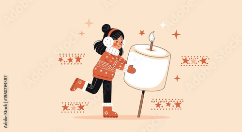 Joyful Child Embraces Giant Marshmallow Under Starry Sky