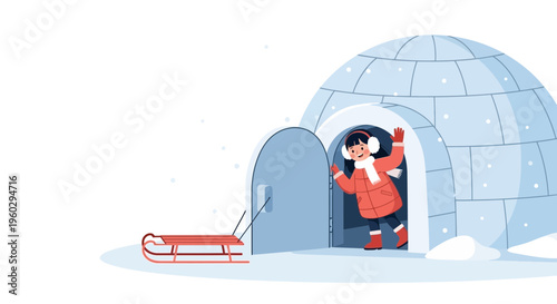 Joyful Child Emerging From Igloo Ready For Winter Fun