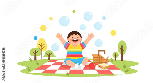 Joyful Child Enjoys A Whimsical Bubble Picnic In A Sunny Park