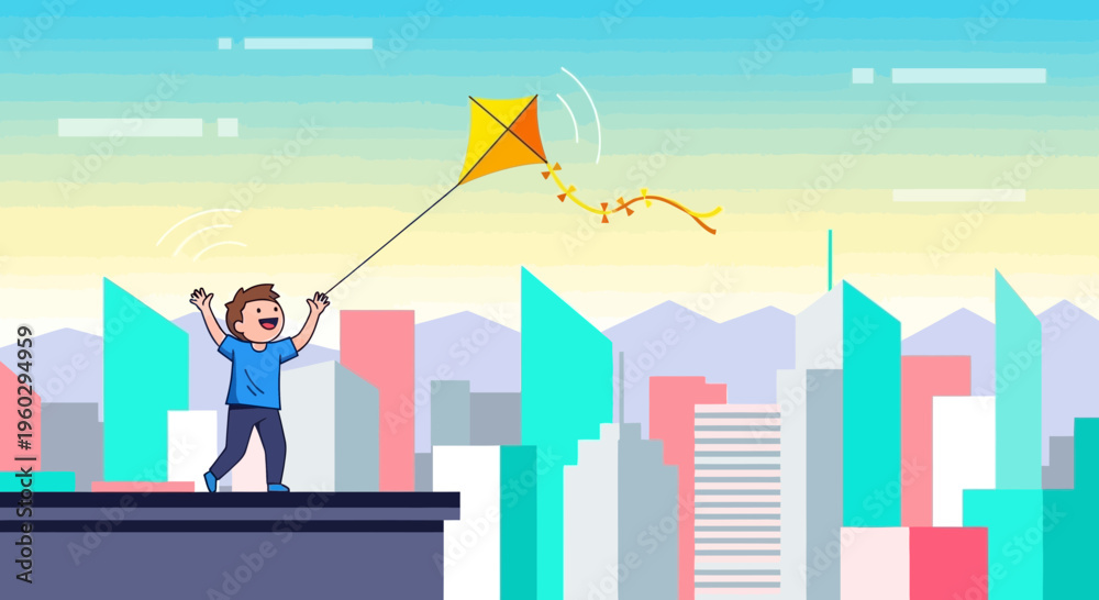 Fototapeta premium Joyful Child Flying Kite Above Stylized Cityscape During A Bright Day