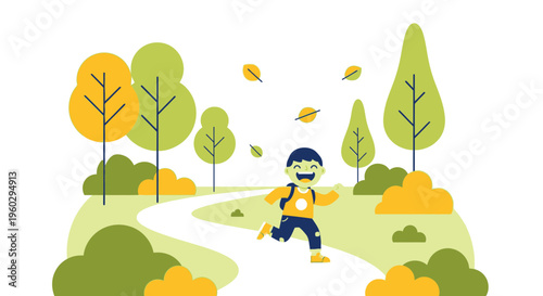 Joyful Child Exploring a Winding Path Amidst Autumnal Foliage