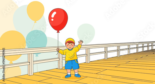 Joyful Child Holding Red Balloon on Wooden Pier with Pastel Background Balloons