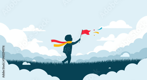 Joyful Child Holding Red Flag Amidst Clouds And Grass