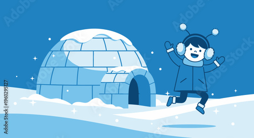 Joyful Child Jumps Happily By Igloo During Snowy Winter Wonderland Scene