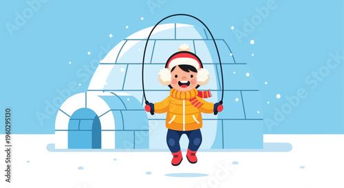 Joyful Child Jumping Rope Outside Arctic Igloo During Winter Snowfall