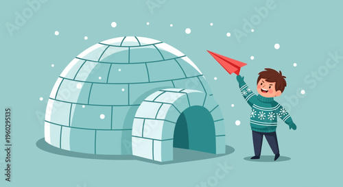 Joyful Child Launches Paper Airplane Near Cozy Igloo During Snowy Day