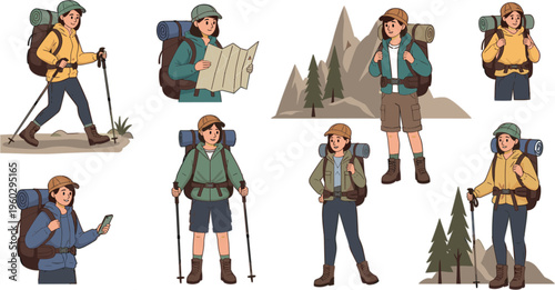 Outdoor Hiking Characters Illustration Set with Backpackers, Trekking Activities, Map Reading, Mountain Adventure, and Travel Lifestyle Vector Collection