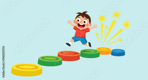 Joyful Child Leaping Across Colorful Stepping Stones