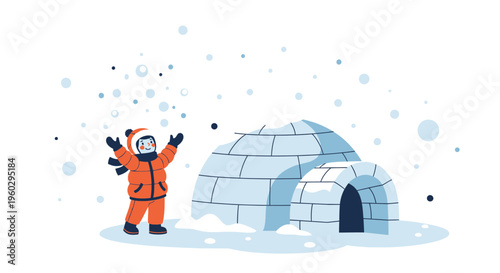 Joyful Child Playing In Snow Near Igloo Structures