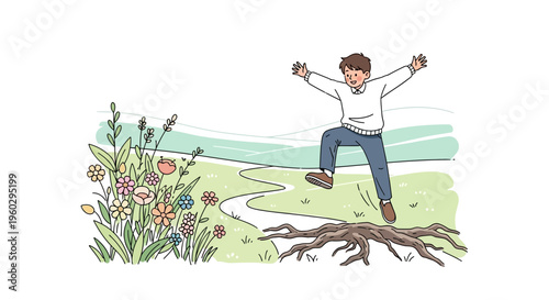 Joyful Child Leaping Over Tree Roots In Scenic Meadow