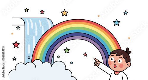 Joyful Child Points To Enchanting Rainbow Emerging From Waterfall And Clouds